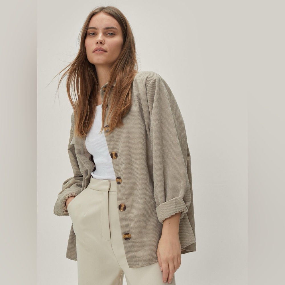 NastyGal button down oversized corduroy shirt / size 6 / stone taupe